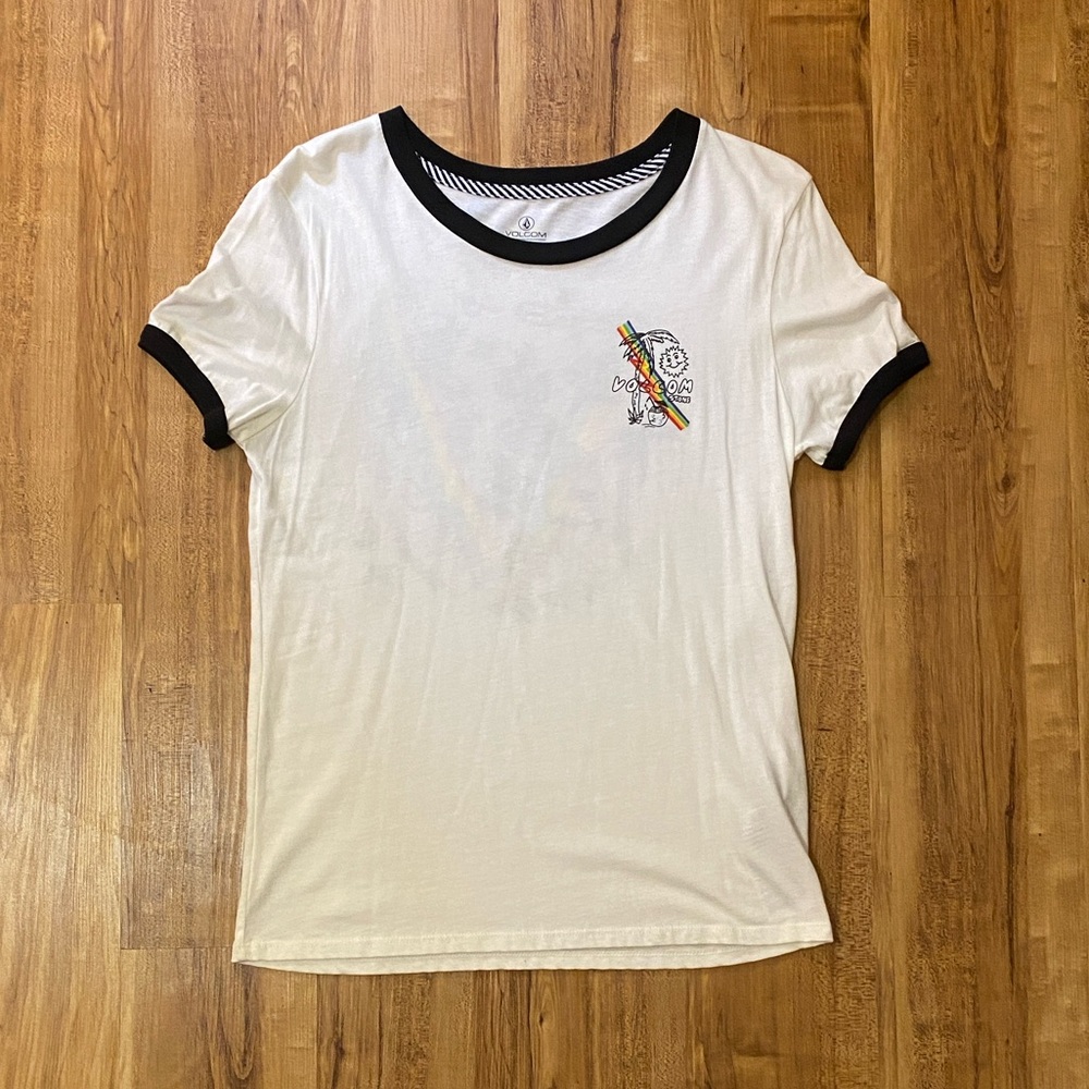 NWOT Volcom White Ringer Tee with Black Accents & Rainbow Skater Graphic Design